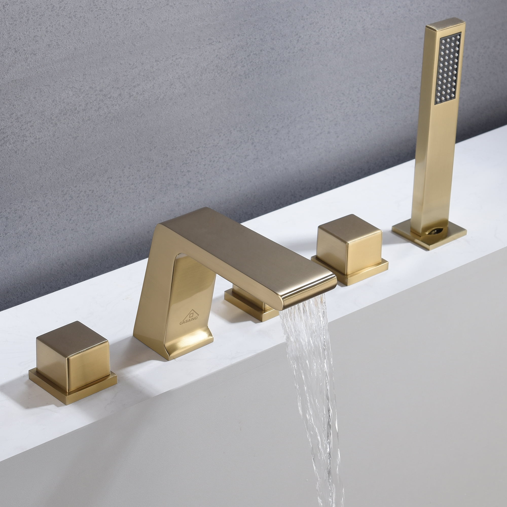 Boyel Living 5-Hole Deck Mounted Bathtub Faucet Bathroom Roman Tub Faucet with Hand-Held Shower Sprayer Brushed Gold