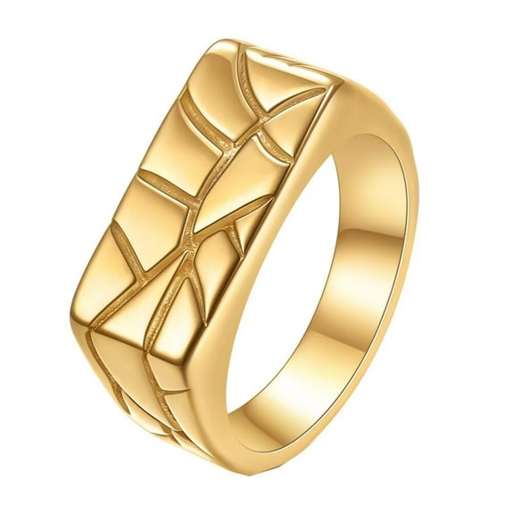 HIJONES Men's Stainless Steel Rectangular Geometric Crackle Signet Ring Irregular Width Lucky Ring Band Gold Size 6