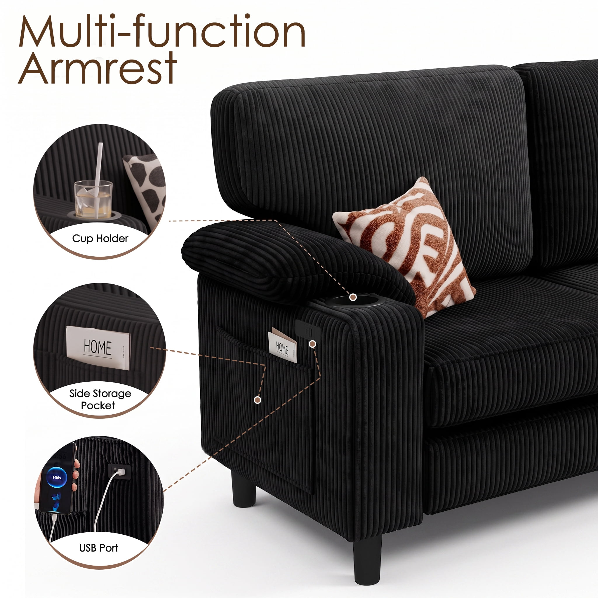 Xiweot 80" L Shaped Sectional Sofa, 3 Seater Convertible Couch with Storage Ottoman, Charging Ports & Cup Holders, Corduroy Comfy Upholstered Sofa for Living Room Apartment, Black