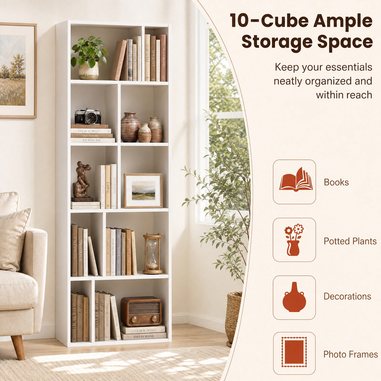 Furnibear 5-Tier Modern Bookshelf with Open Back and 2 Anti-Tipping Kits for Living Room Home Office Bedroom Display Storage Shelf, White