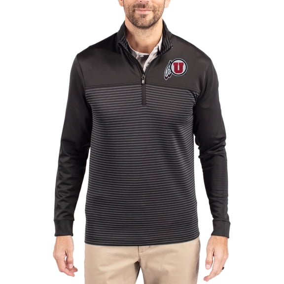 Men's-Cutter & Buck  Black Utah Utes Traverse Stretch Eco Stripe DryTec Tri-Blend Quarter-Zip Pullover