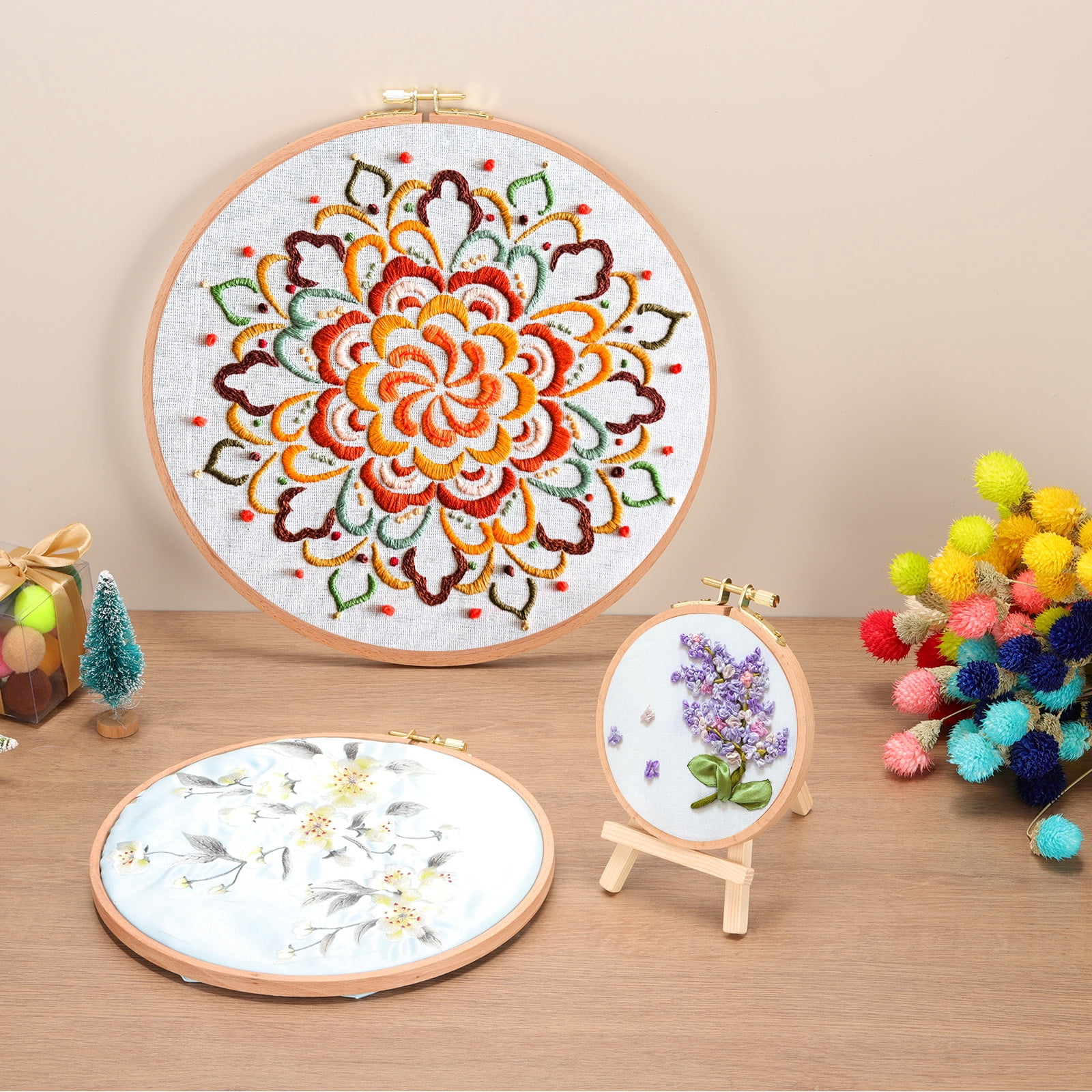 Uxcell 2 Pieces 11 Inch Beech Wood Embroidery Hoops, Arc Side Circle Cross Stitch Hoop Frames with Brass Screw