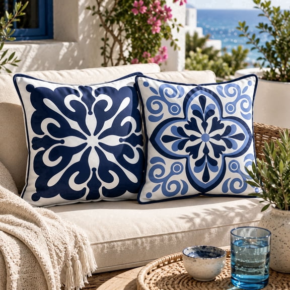 DecorX Waterproof Outdoor Pillow Covers 18x18, Set of 2, Blue & White Coastal Medallion, Hidden Zipper, Covers Only