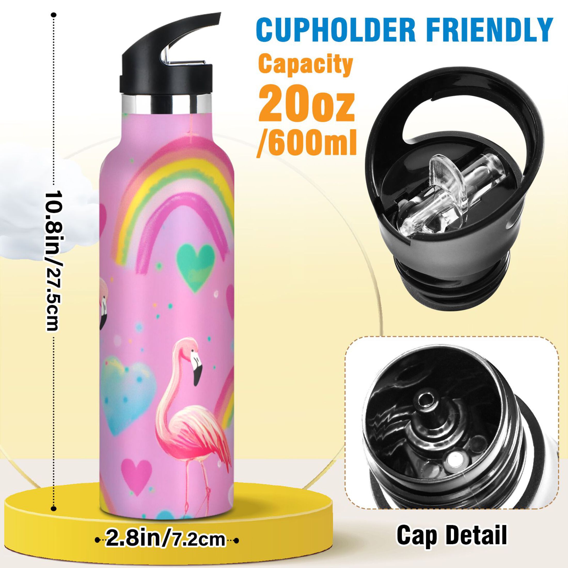 Kids Insulated Stainless Steel Sports Water Bottle 600ml (20oz) Watermelon Hue Flamingos