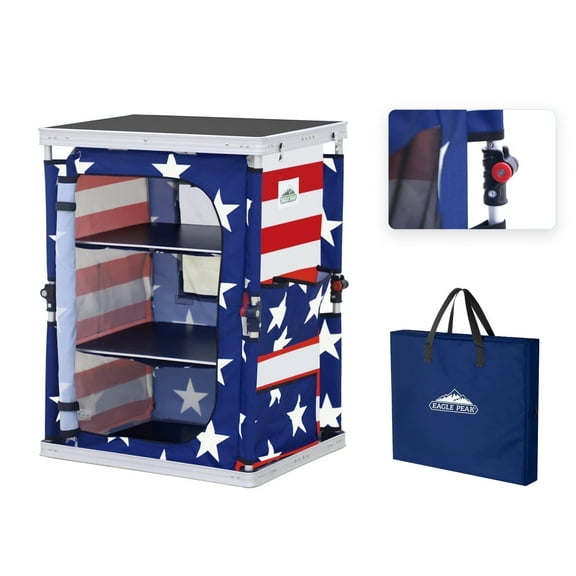 EAGLE PEAK Outdoor Folding Camping Table with Large 3-Tier Storage Organizer and Side Pockets, Portable Aluminum Table, American Flag