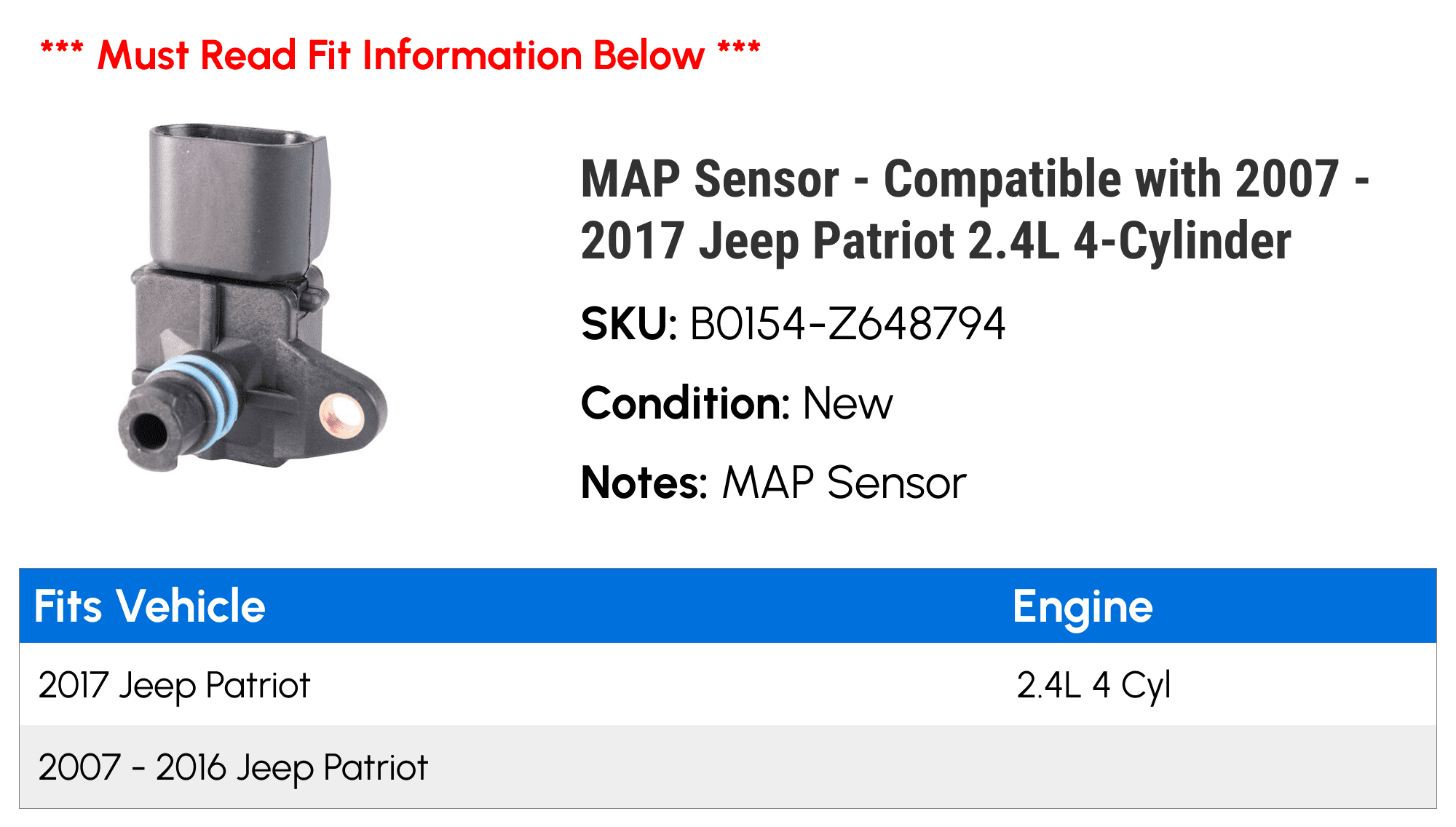 MAP Sensor - Compatible with 2007 - 2017 Jeep Patriot 2.4L 4-Cylinder 2008 2009 2010 2011 2012 2013 2014 2015 2016