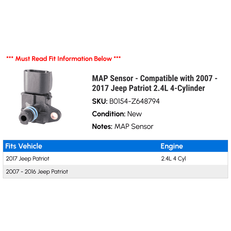 MAP Sensor - Compatible with 2007 - 2017 Jeep Patriot 2.4L 4