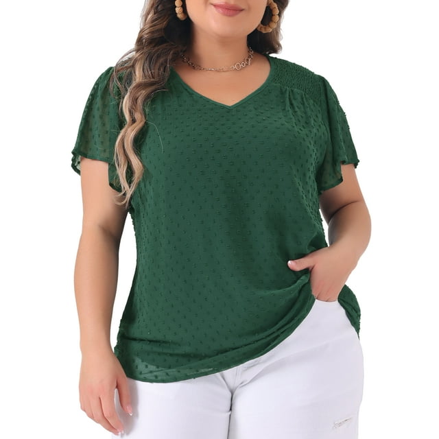 Agnes Orinda Camiseta Casual de Manga Corta con Cuello en V para Mujeres Talla Grande, Puntos para el Día de las Madres, 3X Verde Oscuro