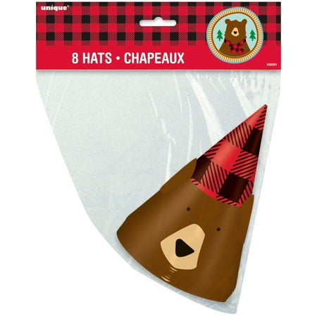 - Buffalo Plaid Bear Lumberjack Birthday Party Hats, 8ct