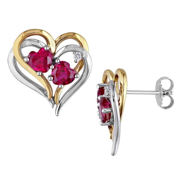 Lab Created Ruby Heart Earrings 2.40 Carat (ctw) with Diamond in Sterling Silver with Yellow Plating