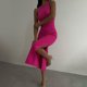 thumbnail image 1 of Vestido Midi Con Cuello Redondo Vestido ajustado dividido Vestido midi de mujer Vestido simple de punto para mujer (Rosa S) Cgtredaw Para estrenar, 1 of 6