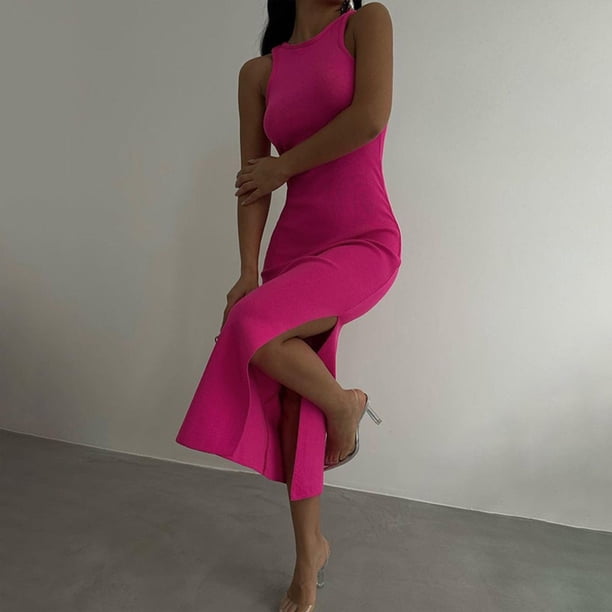 Vestido Midi Con Cuello Redondo Vestido ajustado dividido Vestido midi de mujer Vestido simple de punto para mujer (Rosa S) Cgtredaw Para estrenar