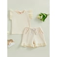 thumbnail image 2 of Bslissey 6M 12M 18M 24M 3T Toddler Baby Girls 2Pcs Summer Clothes Fly Sleeve Crew Neck T-shirt + Elastic Waist Ruffled Shorts Sets Infant Casual Solid Color Outfits, 2 of 9