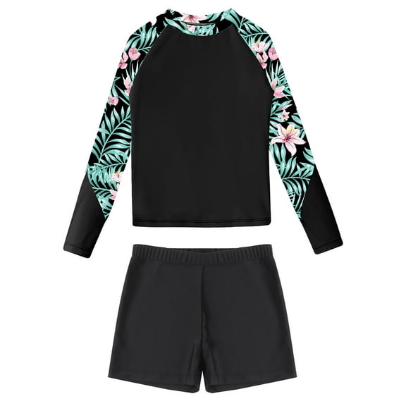 vastwit Big Girls 2 Piece Swimsuit Long Sleeve Rash Guard Bathing Suit Swim Tops with Shorts Set Black 10