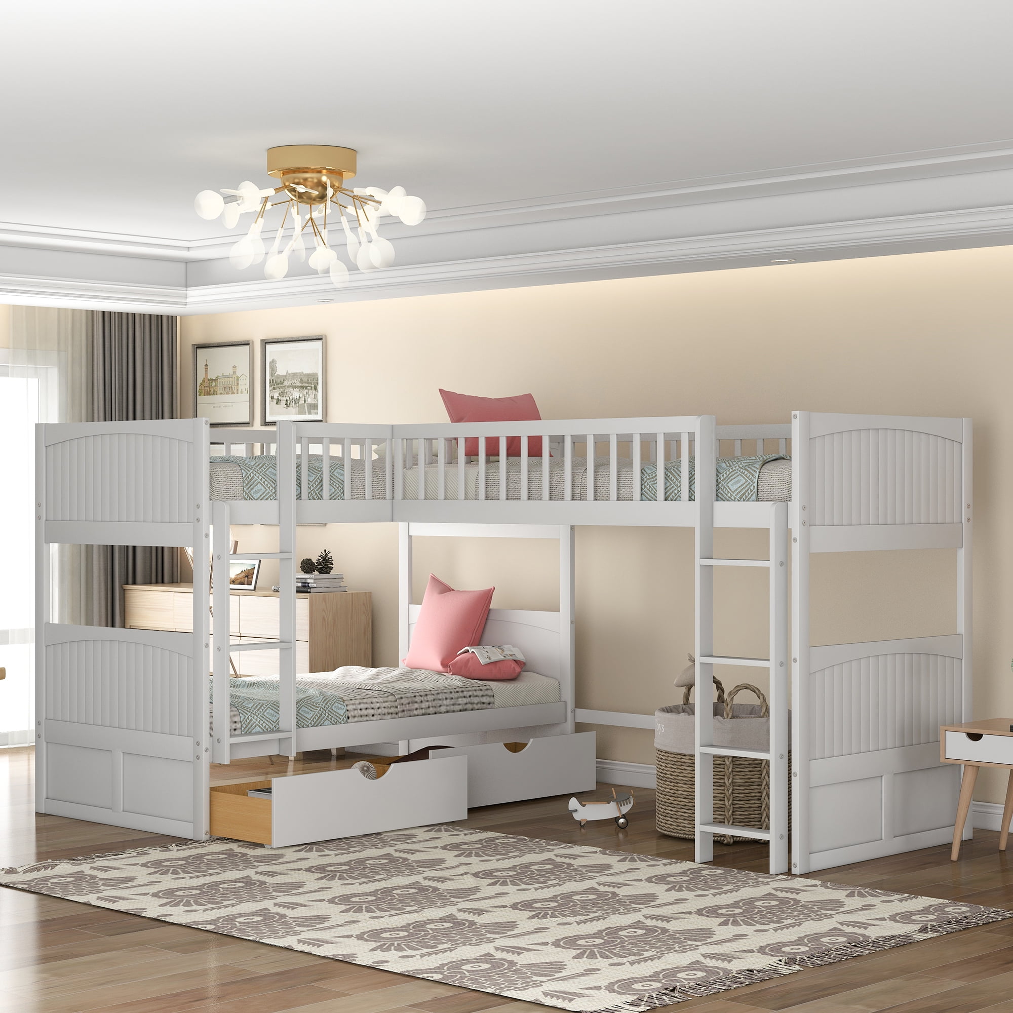 Euroco Twin Size L Shaped Wood Triple, L Shaped Triple Bunk Bed Twin Over Full Size Beds