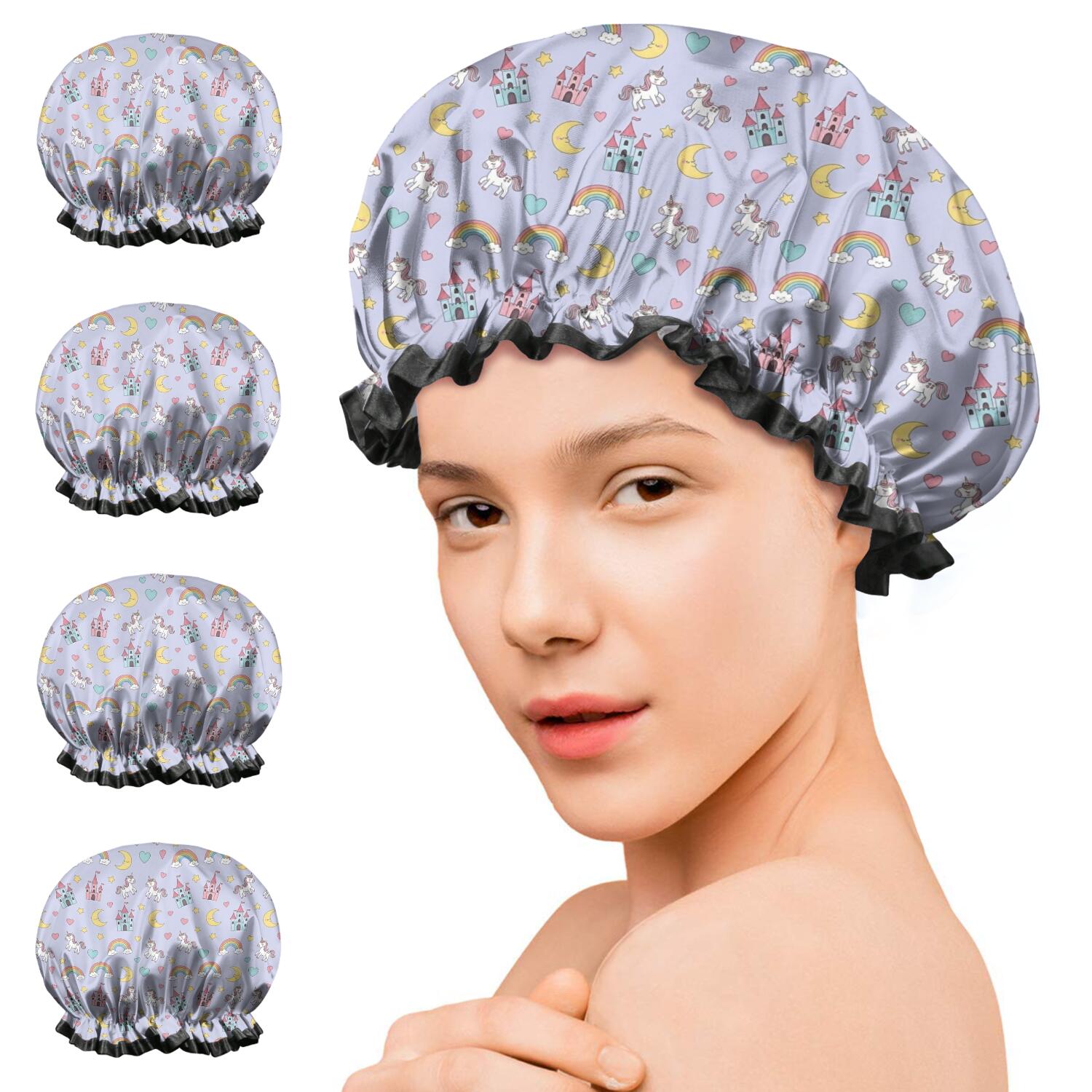 Shower Caps,Purple Cartoon Unicorn Castle Rainbow Moon Heart Waterproof Shower Cap for Women 4 Pieces,Double Reusable Hair Cover for Shower PEVA Elastic Stretch Hem