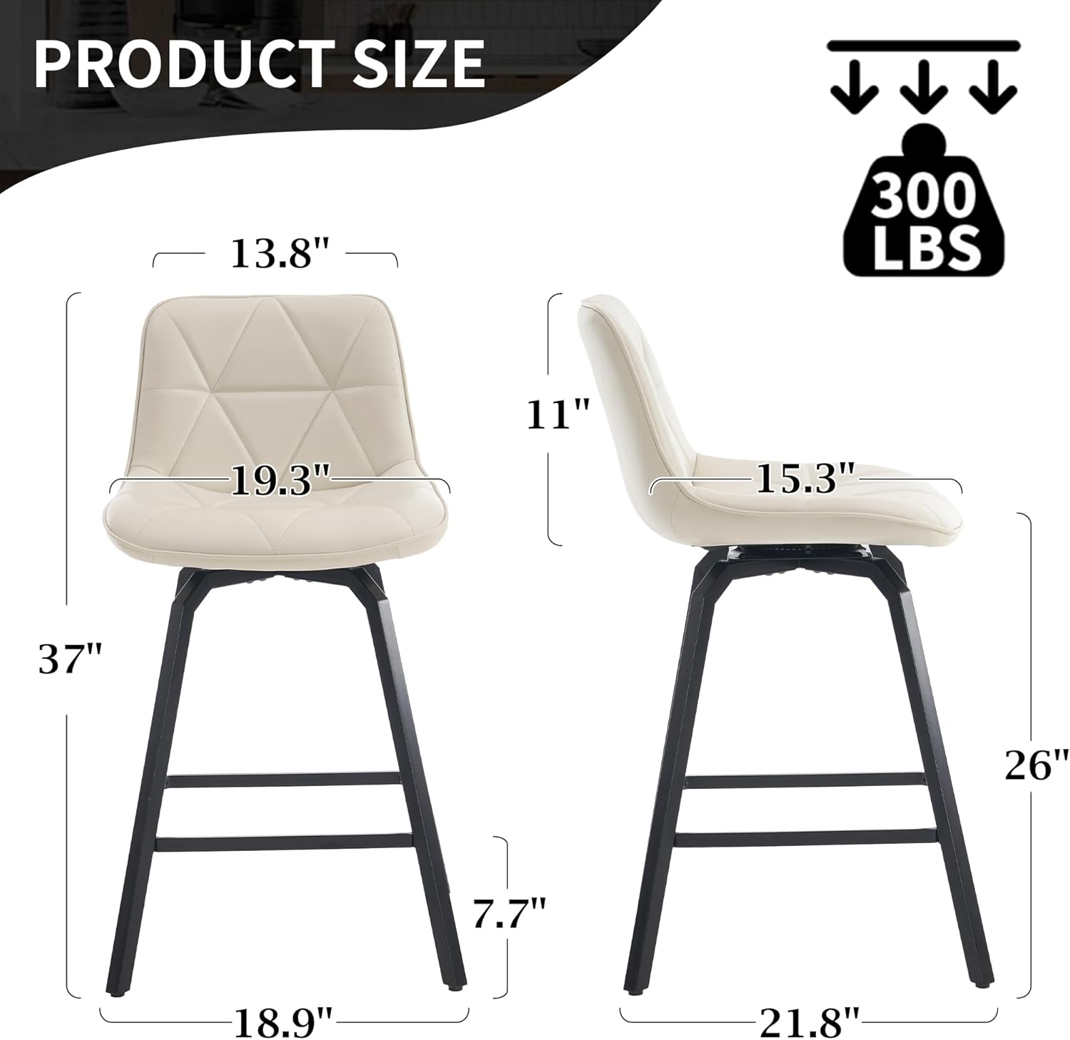 Fancrou 26″ Swivel Counter Height Bar Stools Set Of 4, Triangular Pattern Faux Leather Seat With Metal Legs And Back, White