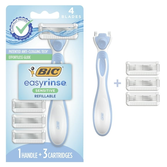 BIC EasyRinse Sensitive Anti-Clogging, Refillable Women's Razors With 4 Blades, 1 Razor Handle and 3 Refill Razor Cartridges Razor Kit