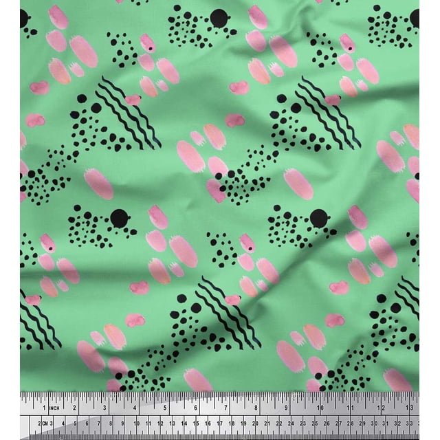 Soimoi Green Poly Georgette Fabric Brush Stroke & Dots Abstract Print Sewing Fabric Yard 52 Inch Wide