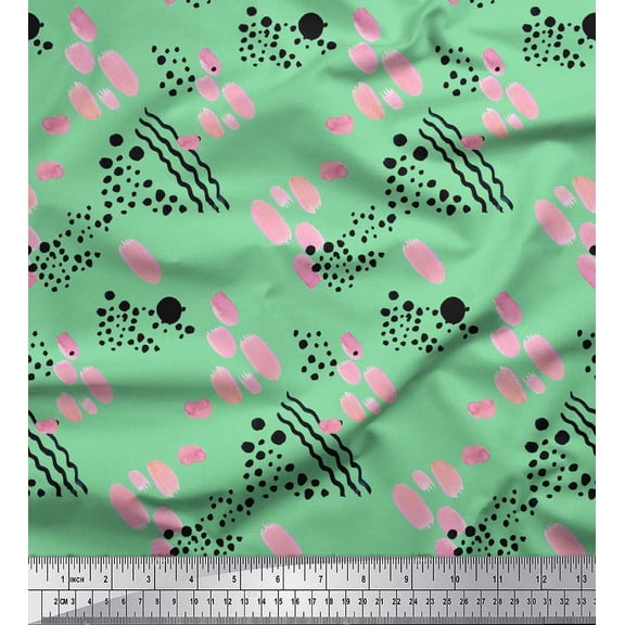 Soimoi Green Cotton Voile Fabric Brush Stroke & Dots Abstract Printed Fabric 1 Yard 42 Inch Wide