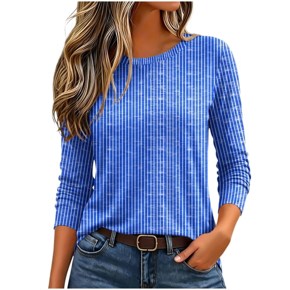 Fmbrln Women's 3/4 Length Sleeve Tops Stripe Crew Neck T Shirts Fall Casual Loose Soft Shirts Blue S