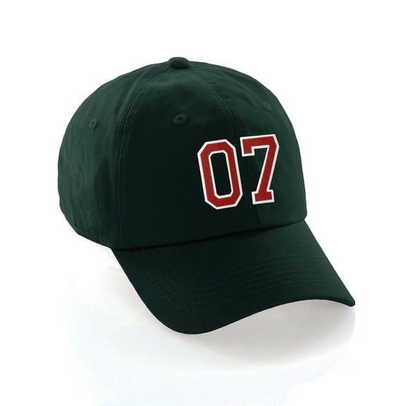Customized Number Hat 00 to 99 Team Colors Baseball Cap, Dk Green Hat White Red Number 07