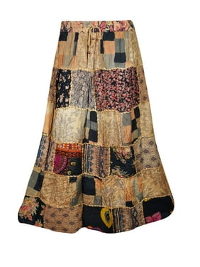 Mogul Artistically Inspired Patchwork Long Skirt Vintage Look Printed A-Line Bohemian Hippie Festival Skirts