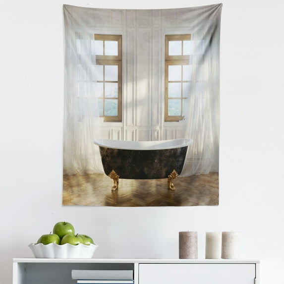 Retro Tapestry, Retro Bathtub in Modern Room Interior Hardwood Classics Space Design, Fabric Wall Hanging Decor for Bedroom Living Room Dorm, 5 Sizes, White Black Pale Brown, by Ambesonne
