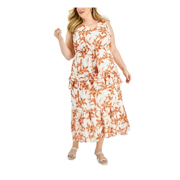 TAYLOR Womens Ivory Sheer Ruffled Pullover Drawstring Waist Lined Sleeveless V Neck Maxi Shift Dress Plus 18W