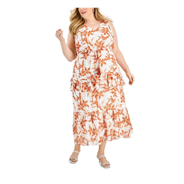 TAYLOR Womens Ivory Sheer Ruffled Pullover Drawstring Waist Lined Sleeveless V Neck Maxi Shift Dress Plus 18W