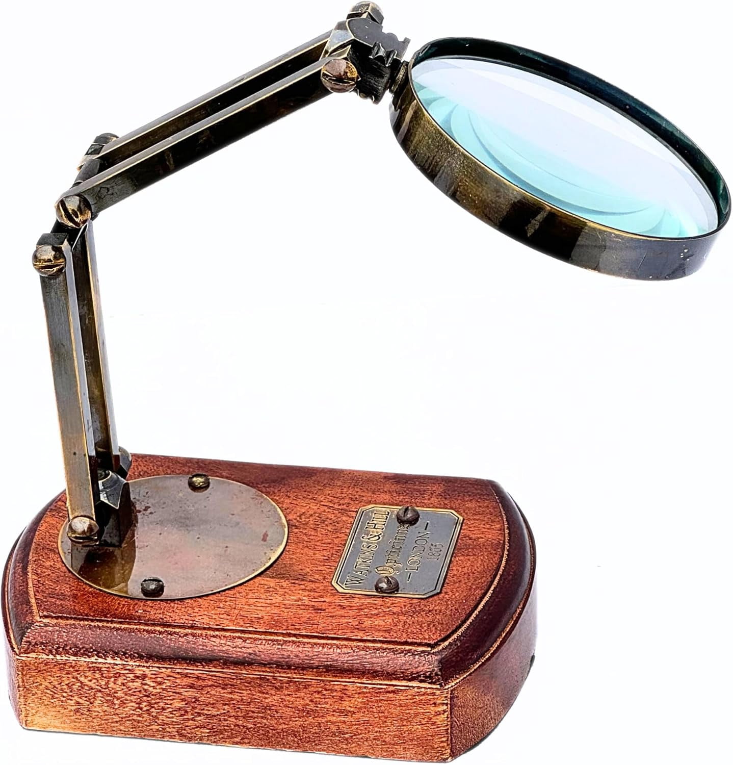 Antique Brass Victorian Magnifying Glass Desktop Decorative Reading Movable Magnifier on Wooden Base