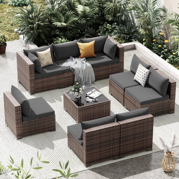 Techmilly 7 Pieces Patio Sectional Sofa PE Rattan Wicker Conversation Sets with Cushions and Glass Table(khaki)