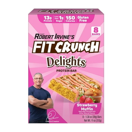 FITCRUNCH Delights Protein Bar, 13g of Protein & 1g of Sugar (8 Bars, Strawberry Muffin)