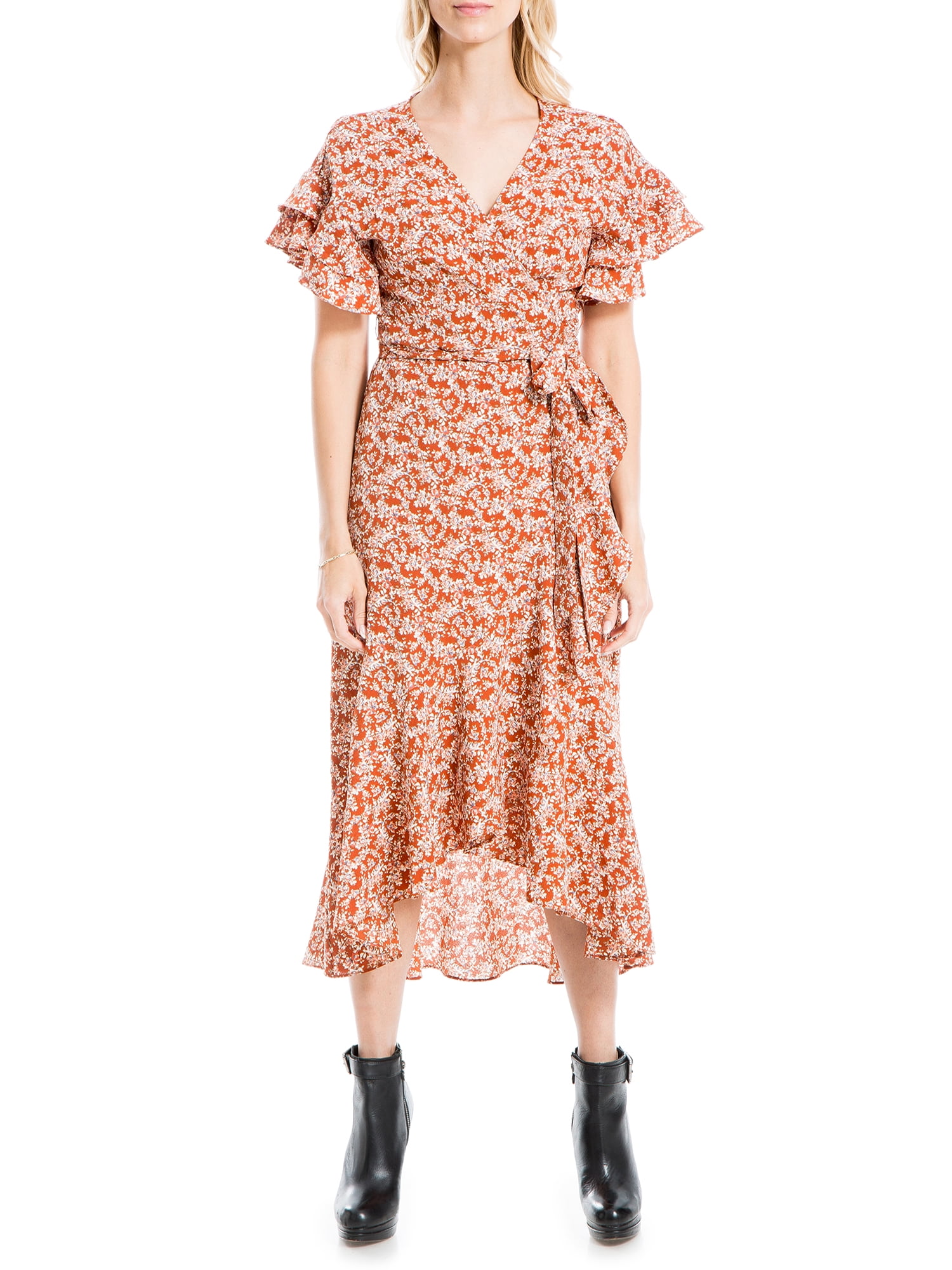 Max Studio Women's Crepe Ruffle Short Sleeve Wrap Midi Dress - Walmart.com