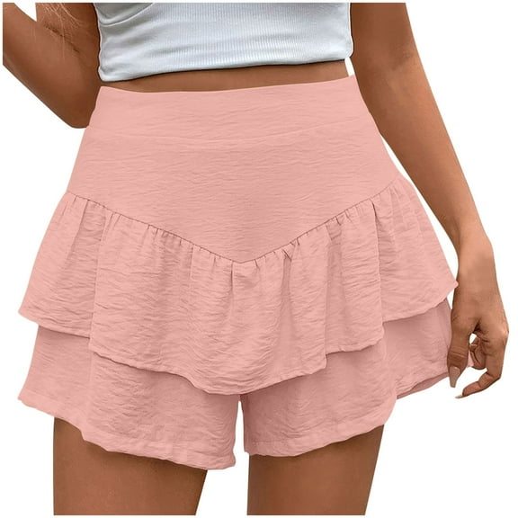 Clearance! Lisingtool Flowy Shorts for Women Casual Boho Ruffle Tiered Skorts High Waist Mini Skirts Tennis Going Out Trendy Shorts Pink on Clearance