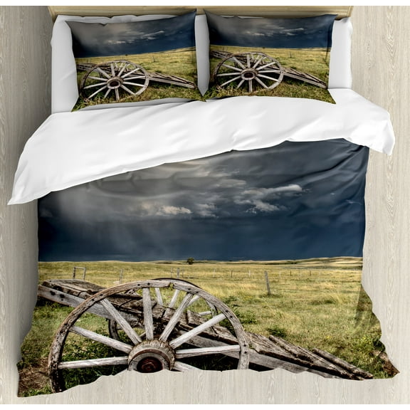 Ambesonne Wagon Wheel Duvet Cover Set, Cart Clouds, Calking, Umber Green Dark Blue