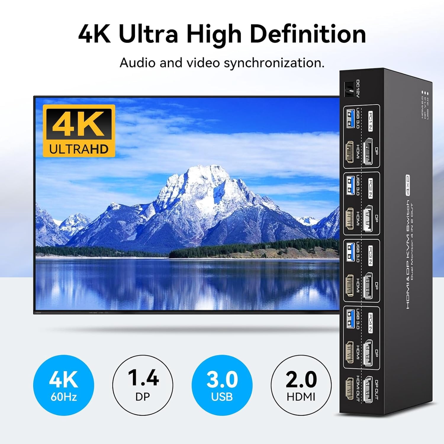 AUBEAMTO Dual Monitor HDMI+Displayport KVM Switch 4 Computers 2 Monitors 4K@60Hz 2K@120Hz 4 Port KVM Switches for 4 PCs Share 4 USB 3.0 Devices with Remote Control,USB3.0 Cables and Power Adapter
