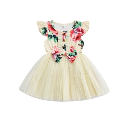 

Maemukilabe Infant Baby Kids Girl’s Dress Fly Sleeve Crew Neck Flower Print Bowknot Patchwork Summer Tulle Dress Creamy Yellow 2-3 Years
