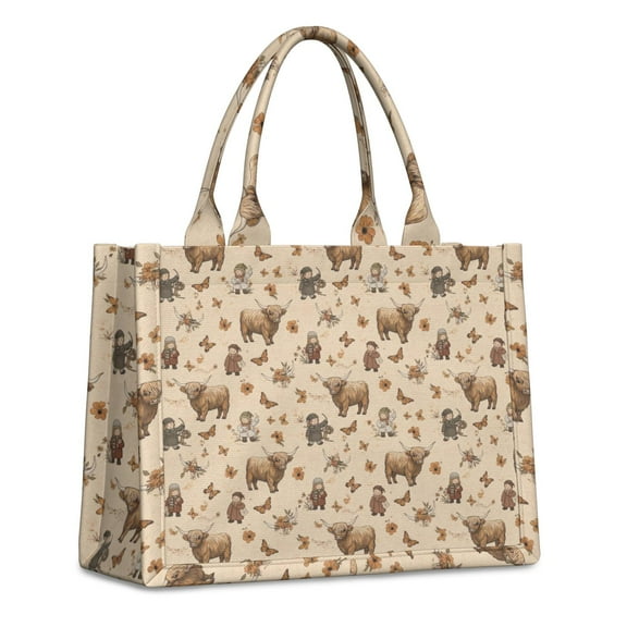 Large Capacity Tote Bag,Beige Highland Cow Figure Butterfly Pattern Handbag Fashion Luxury Tote Bag,15.7"x13"x 5.1" Inches,Laptop Compatible