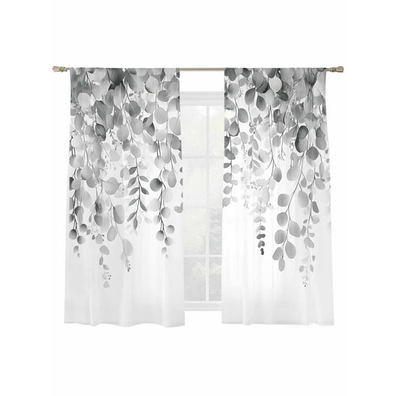 Gray Leaves Sheer Curtains 72 Inch Long 2 Panels, Eucalyptus Leaf Farmhouse Watercolor Plant Light Filtering Rod Pocket Semi Sheer Curtains, Sheer Voile Drapes for Living Room Bedroom, 52"x72"