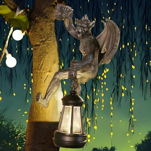 Dragon Winged Gargoyle Tree Hugger with Solar Lantern Gothic Lamp Wall Fence Hanger Decor Garden Statue Yard Patio Unique Perfect Present for Women Mom Grandma$$Tools & Hardware Other