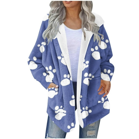 XPMWRP Women's Winter Sherpa Long Sleeved Coats Fuzzy Fashionable Printed Coats Fleece Jacket Plus Size Warm Jacket Blue XXL