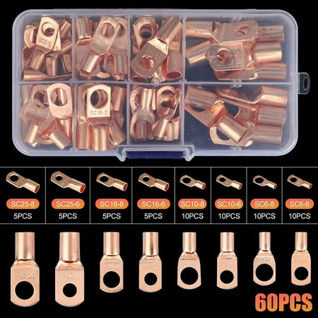

Kairuite 60PCS Battery Terminal Connectors Cable Ends Copper Wire Ring Lugs SC6-25 Kit