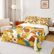 Homewish Child Vintage Mushroom Queen Sheet Sets, Cartoon Bohemian Plant Flat Sheet, Rustic Blossoms Flower Queen Fitted Sheet, Breathable Home Decor, 4pcs