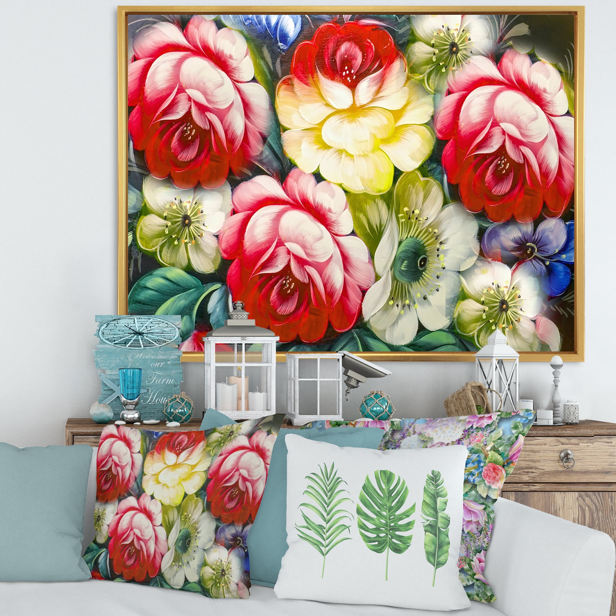 Designart 'Vintage VIbrant Yellow and Red Flower Still Life I' Traditional Framed Canvas Wall Art Print