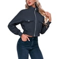 thumbnail image 3 of Long Sleeve Stand Collar Solid Women Zipper Bomber Jacket Motorcycle Crop Coat, 3 of 6