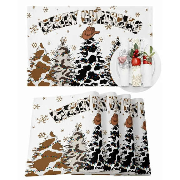 Christmas Placemats Set of 6, Western Christmas Tree Place Mats Cowboy Hat Christmas Snowflake Placemat Table Decoration for Kitchen Table Dinner Xmas Holiday Party Decor Indoor Outdoor 13x19 Inch