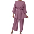 thumbnail image 1 of Womens Solid Color 2 Piece Outfits Long Sleeve Belted Pullover Tops Wide Leg Long Pants Sets Loungewear Tracksuits, 1 of 7