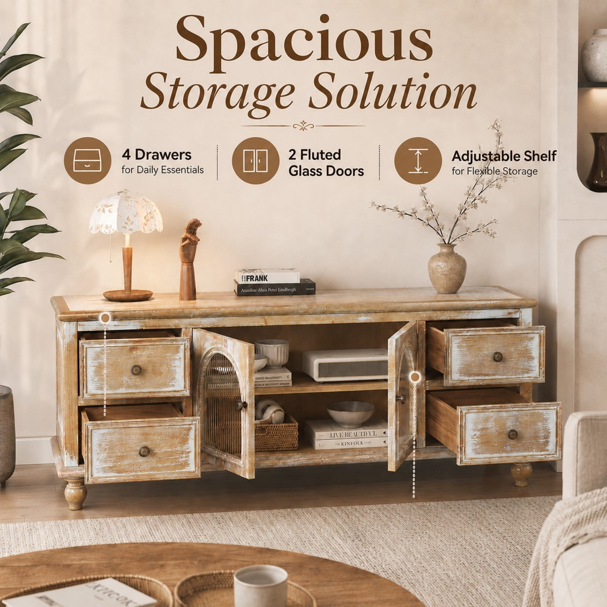 DEALTOPS 60 Inch Farmhouse TV Stand with 4 Drawers & 2 Glass Doors, Rustic Media Console – Natural Oak