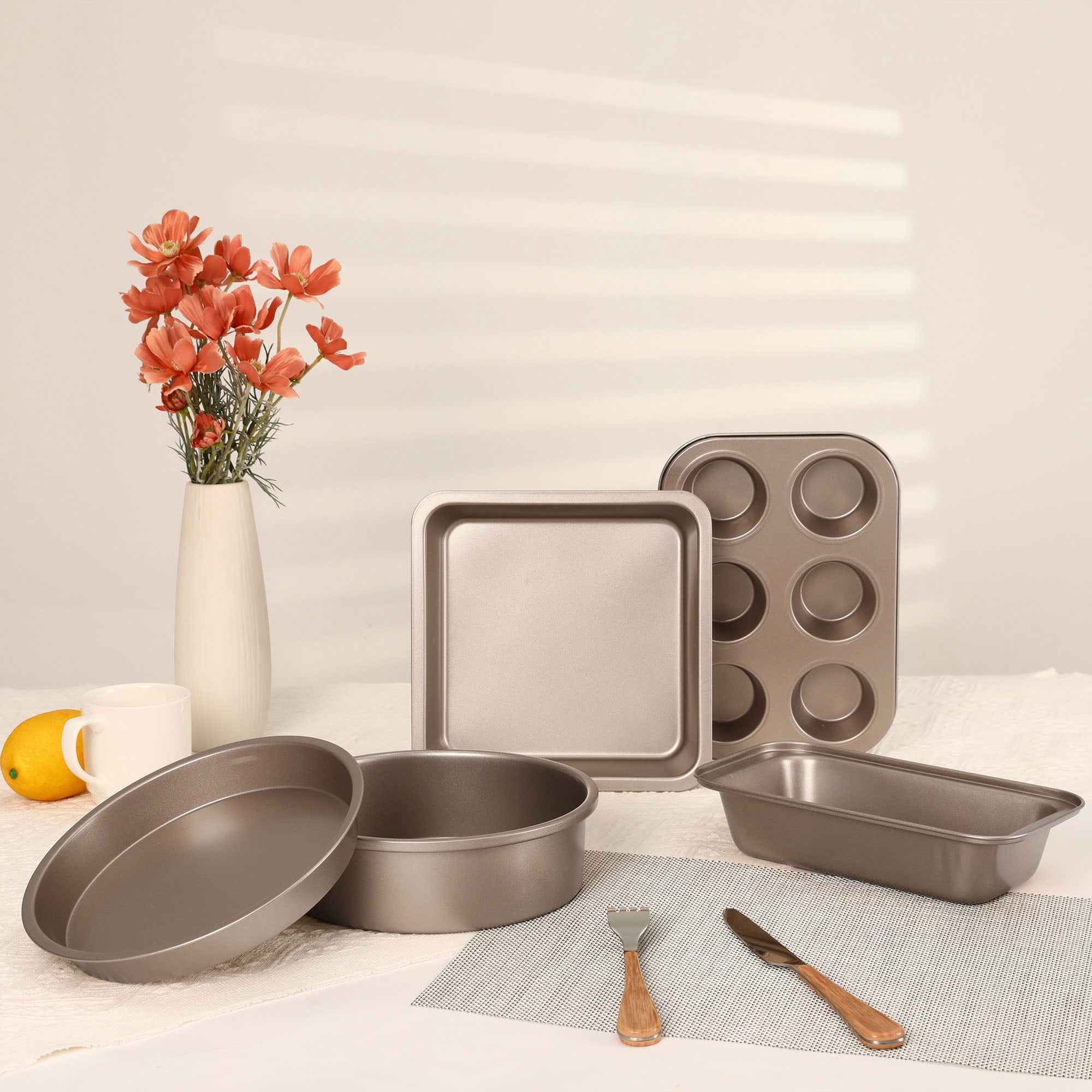Unique Bargains Nonstick Bakeware Set Baking Pans Set Gold 5 Pcs